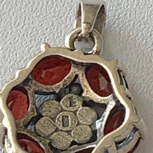 Striking Sterling Silver Marcasite and Red Garnet Gemstone Pendant Necklace - Picture 6 of 8